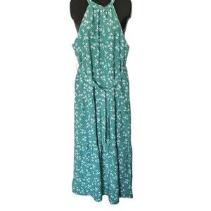 FS Collection London Halter Maxi Dress Large Green White Ditzy Floral Tiered New